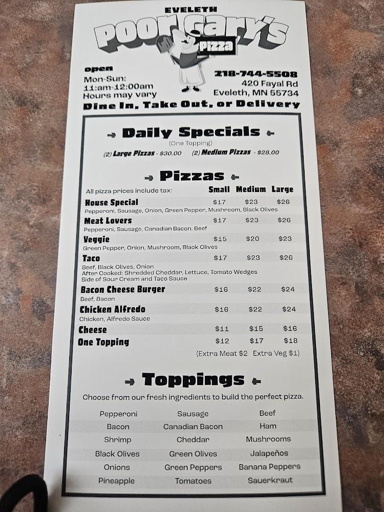 Poor Gary's Pizza Of Eveleth Menu image 2