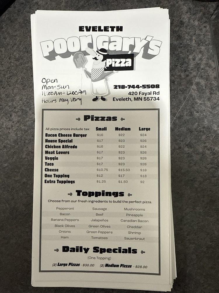 Poor Gary's Pizza Of Eveleth Menu image 3