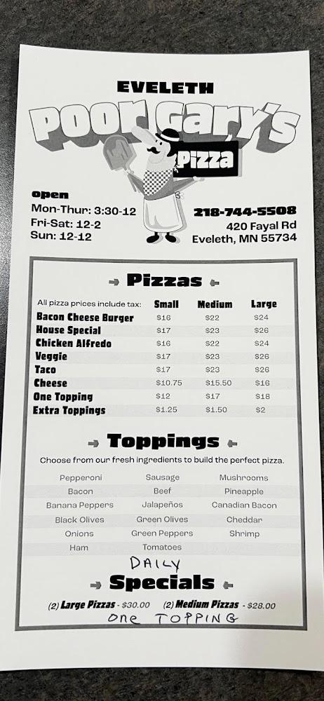 Poor Gary's Pizza Of Eveleth Menu image 4